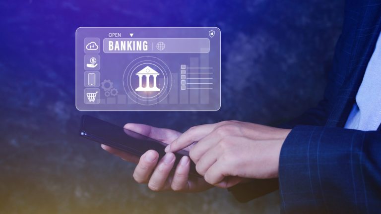 Businessman touches online banking and network connection icons